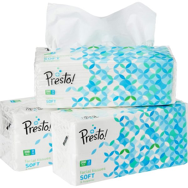 Presto! 2 Ply Facial Tissue Soft Pack - 200 Pulls (Pack of 3)