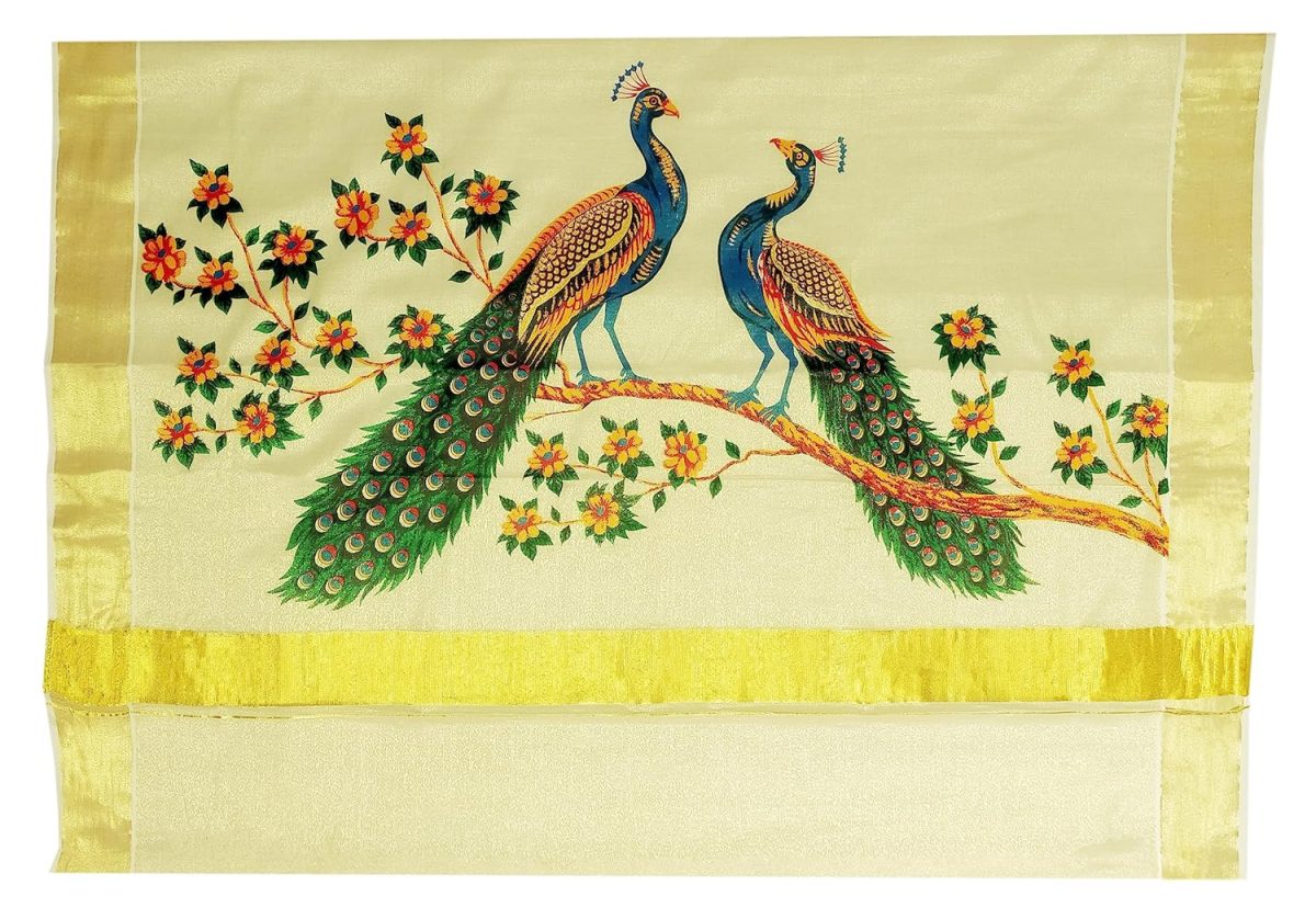 YETTALAN® Women's Mural Printed Kerala Gold Tissue Saree with Running Blouse