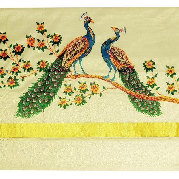 YETTALAN® Women's Mural Printed Kerala Gold Tissue Saree with Running Blouse