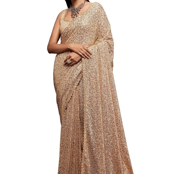 Zeel Clothing Women's Sequins Work Heavy Georgette Saree with Blouse (Latest-Sequins-Party-Saree, Free, Many Colors)
