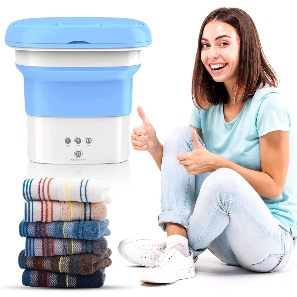 Small Portable Washing Machine, Mini Washer 9L High Capacity with 3 Modes Deep Cleaning for Underwear, Baby Clothes, or Small Items, Foldable Washing Machine for Apartments, Camping-White & Blue - Image 2