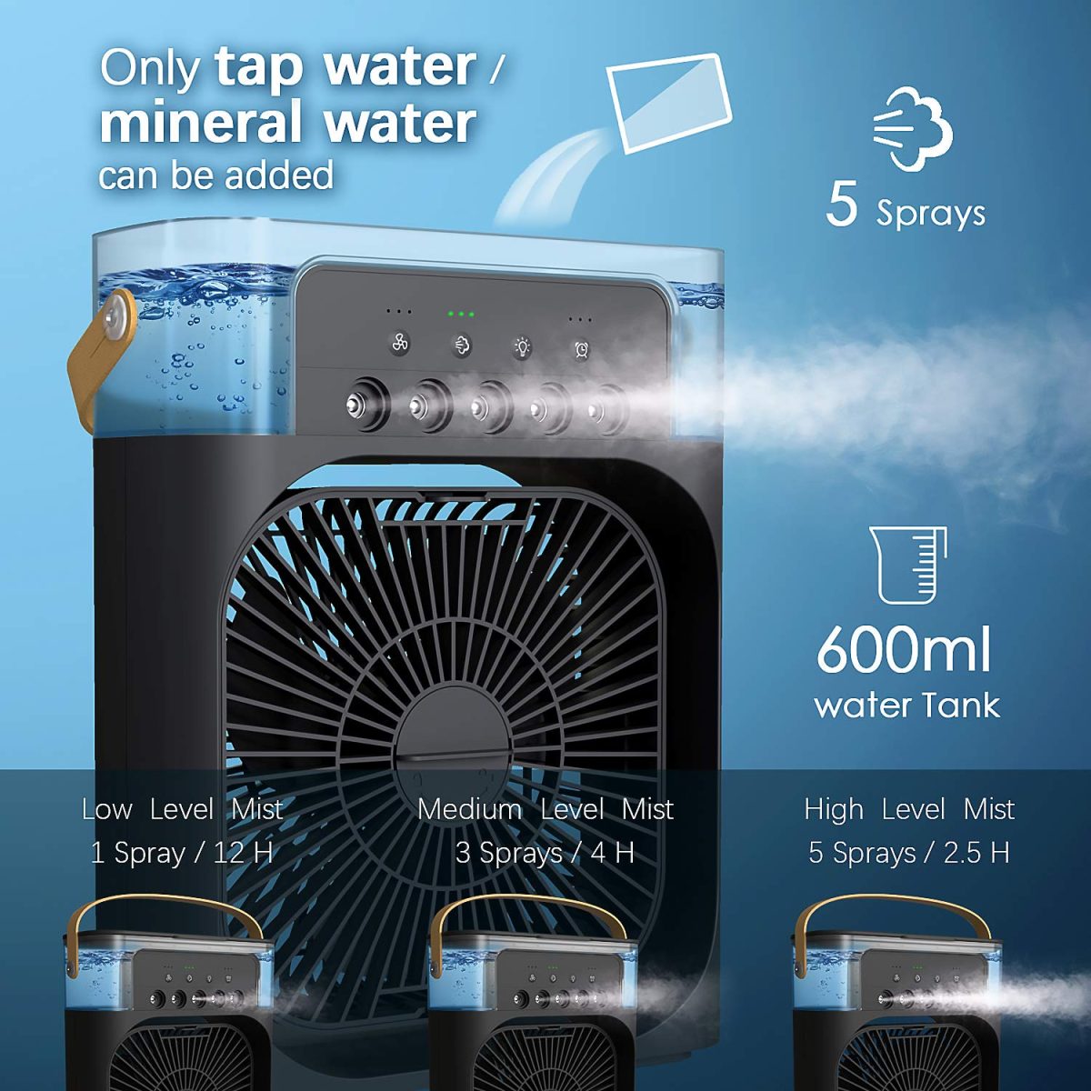 Enfogo 【12 YEARS WARRANTY】 Portable Air Conditioner Fan. This air fan features a 500 ml water tank, USB personal cooler, mini humidifier with 7 colors LED light, 3 timer options_Multicolor - Image 3