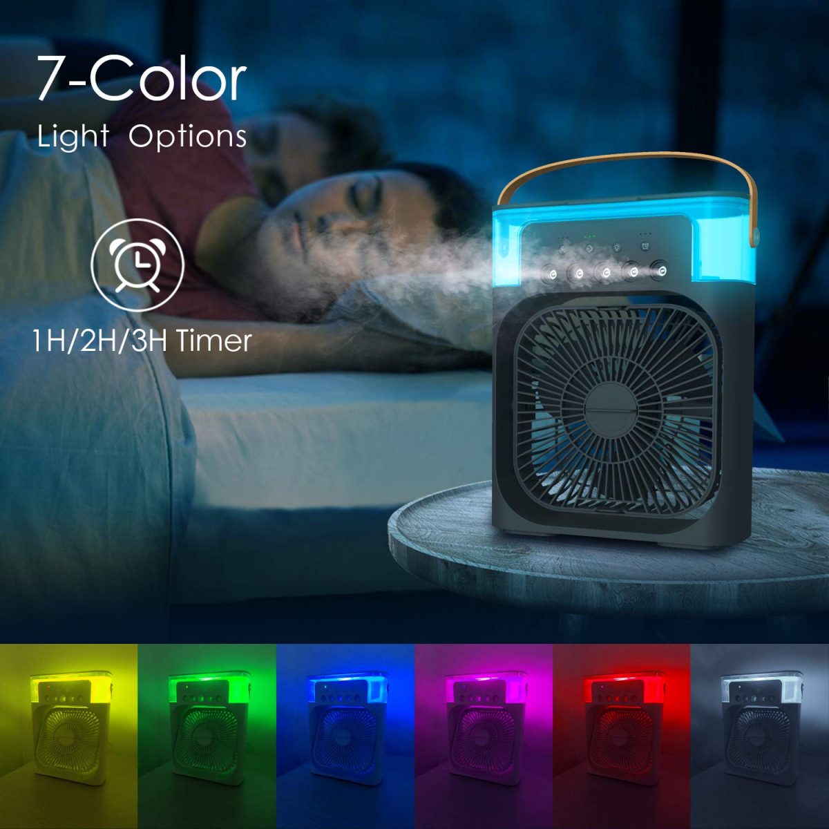 Enfogo 【12 YEARS WARRANTY】 Portable Air Conditioner Fan. This air fan features a 500 ml water tank, USB personal cooler, mini humidifier with 7 colors LED light, 3 timer options_Multicolor - Image 4