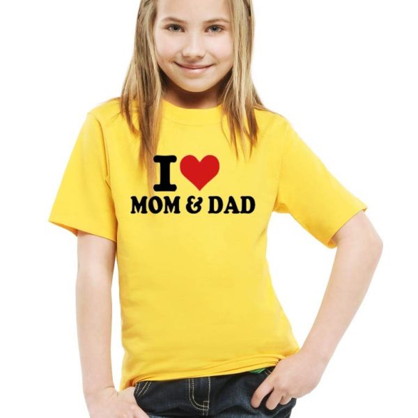 Printmate I Love Mom and Dad Yellow Graphic Printed Cotton Round Neck Kids Unisex Girls & Boys Half Sleeve T-Shirt