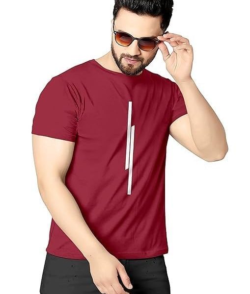 Solid Color Polyester Tshirt for Men, Half Sleeves, Round Neck,11 Lines Graphic, Light Weight, Comfortable T-Shirt for Men (Maroon)