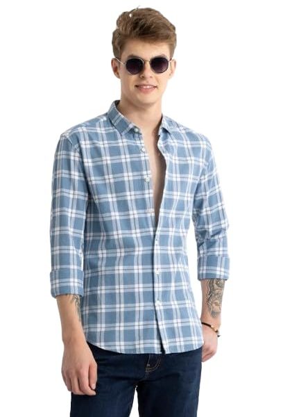 Men's Cotton Casual Checked Classic Collar Slim Fit Shirt