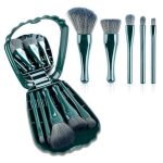 5 in 1 Makeup Brush Set with Built-In Mirror Box, Compact Travel Brush Kit for Foundation, Eyeshadow, Lip, Flame, and Powder Application – Green