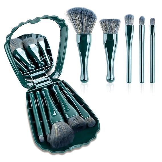 5 in 1 Makeup Brush Set with Built-In Mirror Box, Compact Travel Brush Kit for Foundation, Eyeshadow, Lip, Flame, and Powder Application – Green