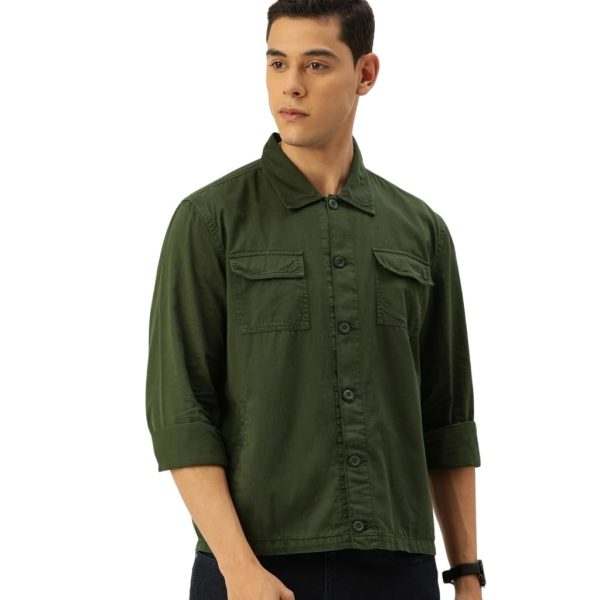 The Indian Garage Co Men's Cotton Slim Fit Solid Full Sleeves Cutaway Collar Casual Over Shirt