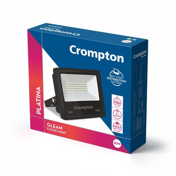 Crompton Gleam 50 Watt Outdoor Waterproof LED Flood Light | Wide Angle Beam| (Cool Day Light 6500K) - Pack of 1-Glass;Aluminium