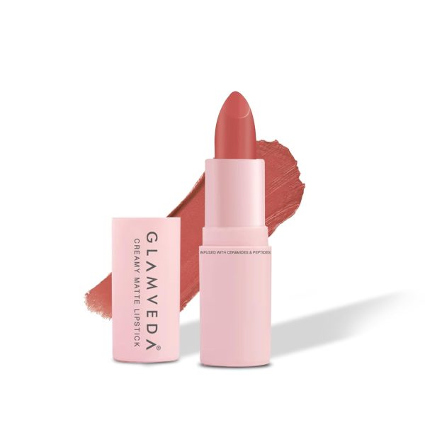 Glamveda Creamy Matte Long Lasting Lipstick with Ceramides & Peptides, Lightweight, 12 Hour Wear, Smudgeproof & Transferproof - Peaches 302