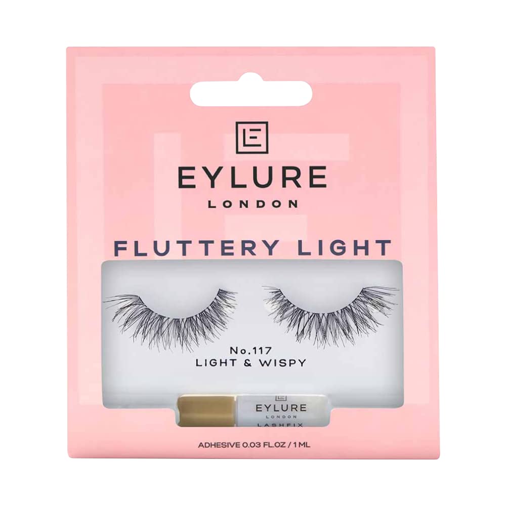 Eylure London False Eyelashes - Fluttery Light No. 117 LIGHT & WISPY (FALSE EYELASHES WITH GLUE) | Long Lasting Up To 5 Wears Black