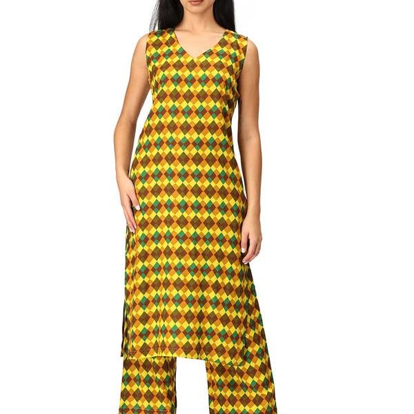 Inakshini Saachi Multi Color Checkes Viscos Rayon Sleeve Less Kurta in V Neck with Parala Pants