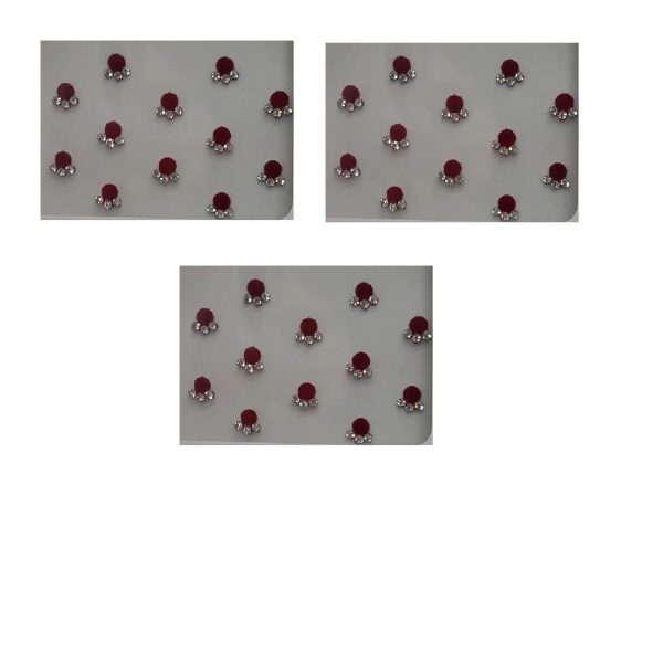 OJ Round Shape Maroon Color Bindi with 3 Stone Fancy Sticker Traditional Velvet Bindi With Skin Friendly Glue Tikli Tikka Kumkum Women- Girls Pack of 3 Size 2