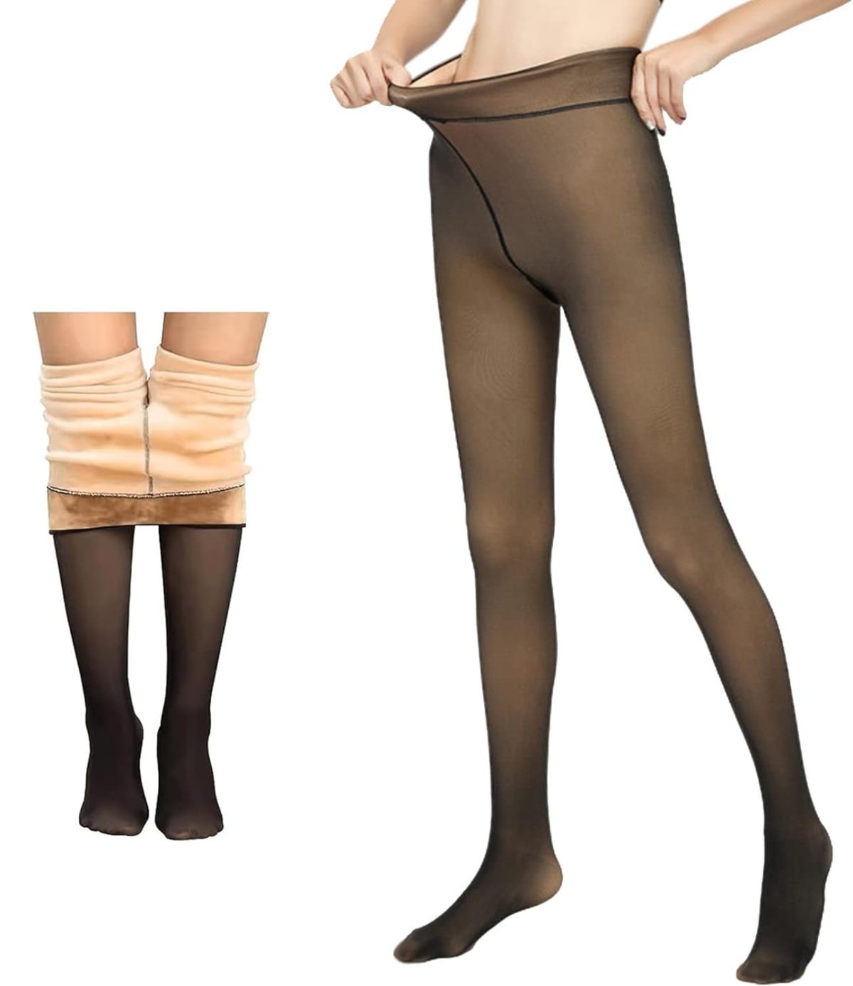 HSR Fleece Lined Tights Women Velvet Touch Leggings Thermal Fake Translucent Opaque High Waisted Winter Warm Dual-Tone Tight Free Size (Waist Size 24 inch to 34 inch)