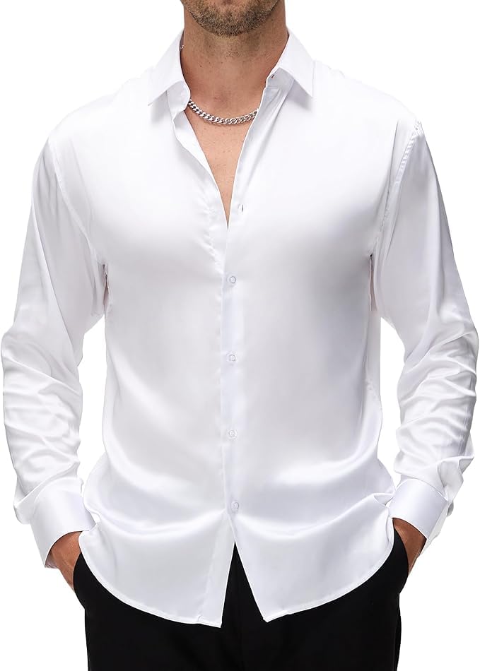 CB-COLEBROOK Mens Stylish Solid Silk Satin Casual Dress Shirts for Men Shiny Long Sleeve Button Down Shirt Party Prom Wedding Shirt for Mens