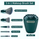 5 in 1 Makeup Brush Set with Built-In Mirror Box, Compact Travel Brush Kit for Foundation, Eyeshadow, Lip, Flame, and Powder Application – Green - Image 4