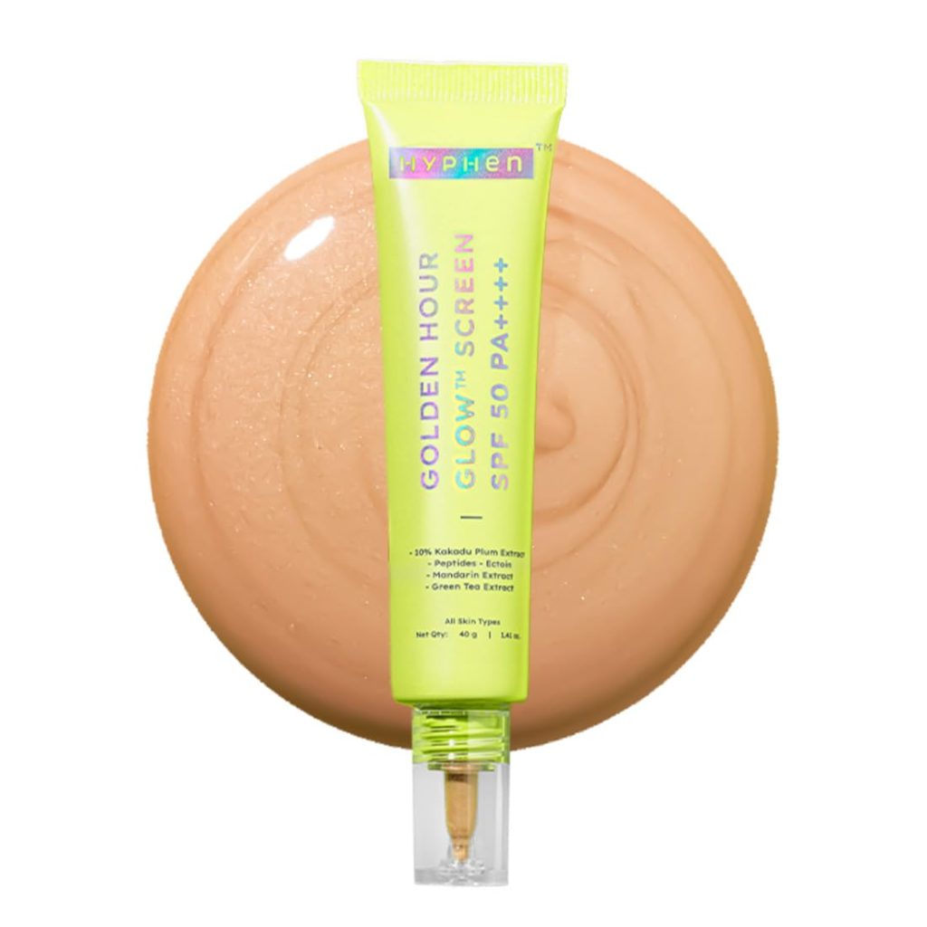 Hyphen Golden Hour Glow Sunscreen Spf 50 Pa++++ Dewy Glow & Bright Skin| Vitamin C Rich-10% Kakadu Plum & Peptides| Women Men|Lightweight & Non Greasy, Uv & Blue Light Protection|All Skin Types - 40G