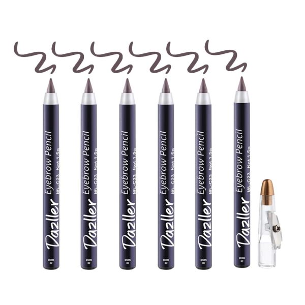 Dazller Eyebrow Pencil with Sharpener|Water-Resistant|Long Stay|Creamy Wax Formula|Infused with Carnauba & Castor Oil|Brown-2|Pack of 6|9g