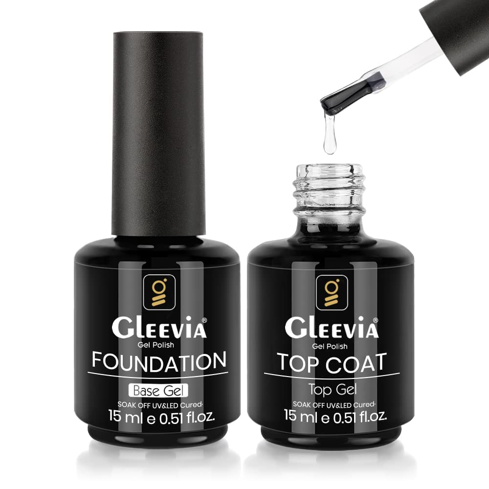 Gleevia No-Wipe Top Coat and Base Coat Gel Set - Shine Finish Long Lasting, Soak-Off UV/LED Nail Lamp Cured Gel 15ml each (Combo Pack) Nail Art Design Manicure Gifts for Women