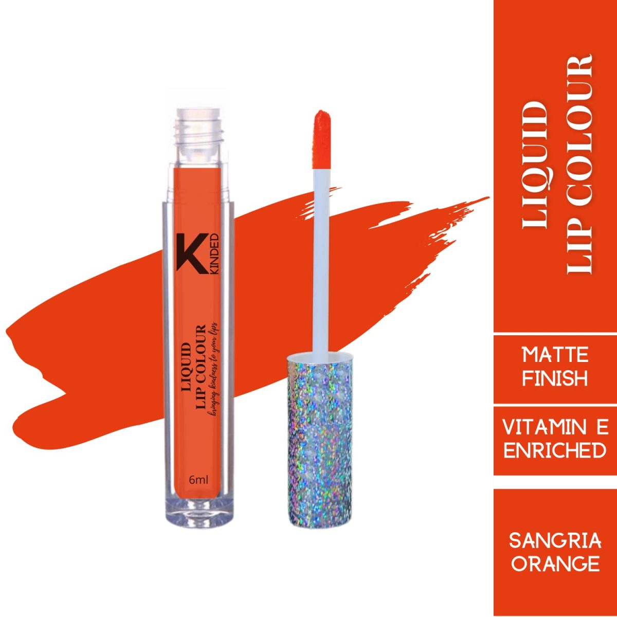 KINDED Liquid Lip Colour Vitamin E Enriched No Transfer Waterproof Resistant Smudge Proof Long Lasting Super Stay Glam Lipstick Lip Gloss for Girls Women (Matte Finish, Sangria Orange, 6 ml) - Image 2