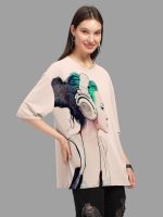HELLCAT Beige Trendy Printed Oversized T-Shirt for Women - Image 4