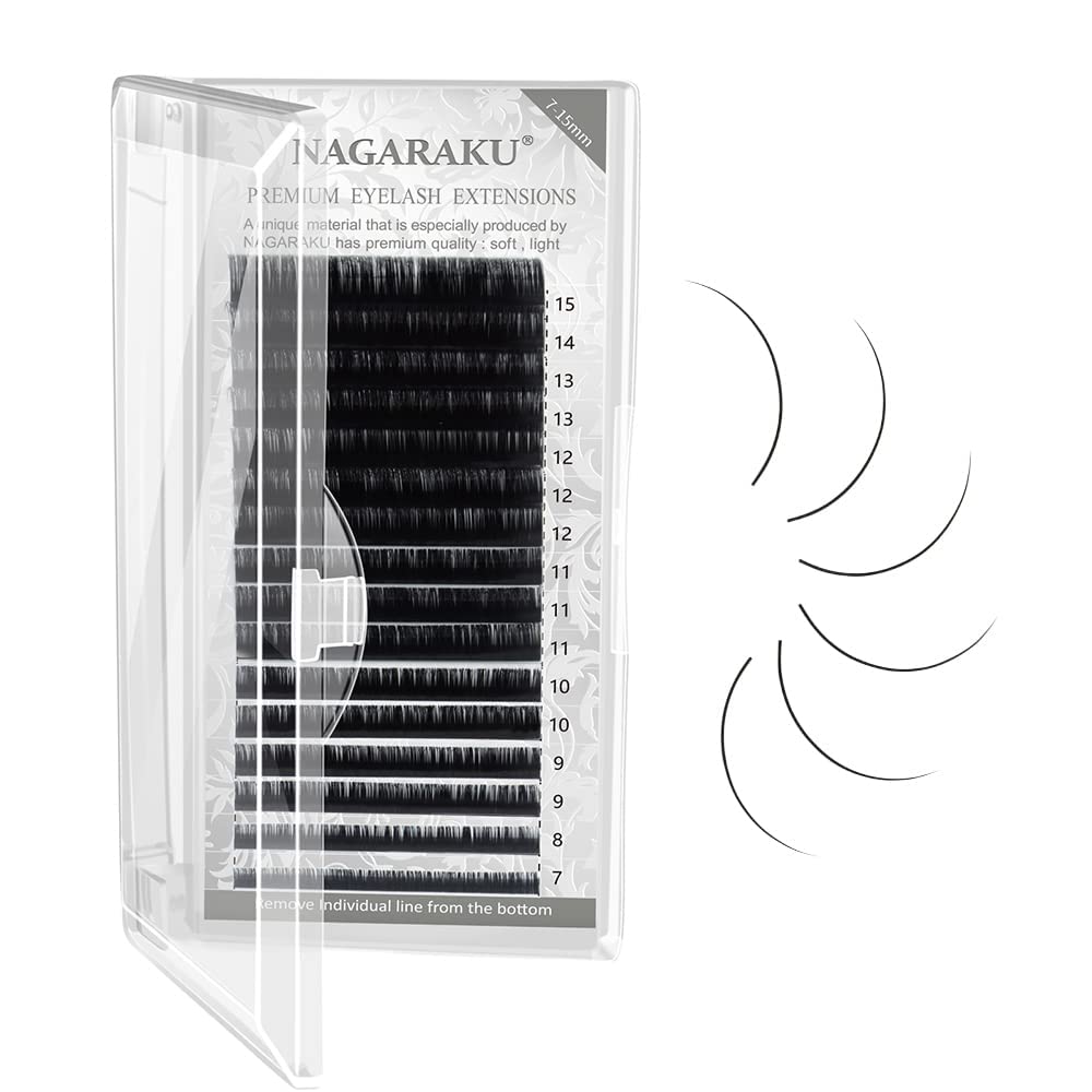 NAGARAKU Eyelash Extensions Individual Lashes 0.07 Thickness Curl-LC 7-15mm Mix Synthetics Classic 16 rows Matte Black Soft Natural (0.07 Thickness, LC curl)