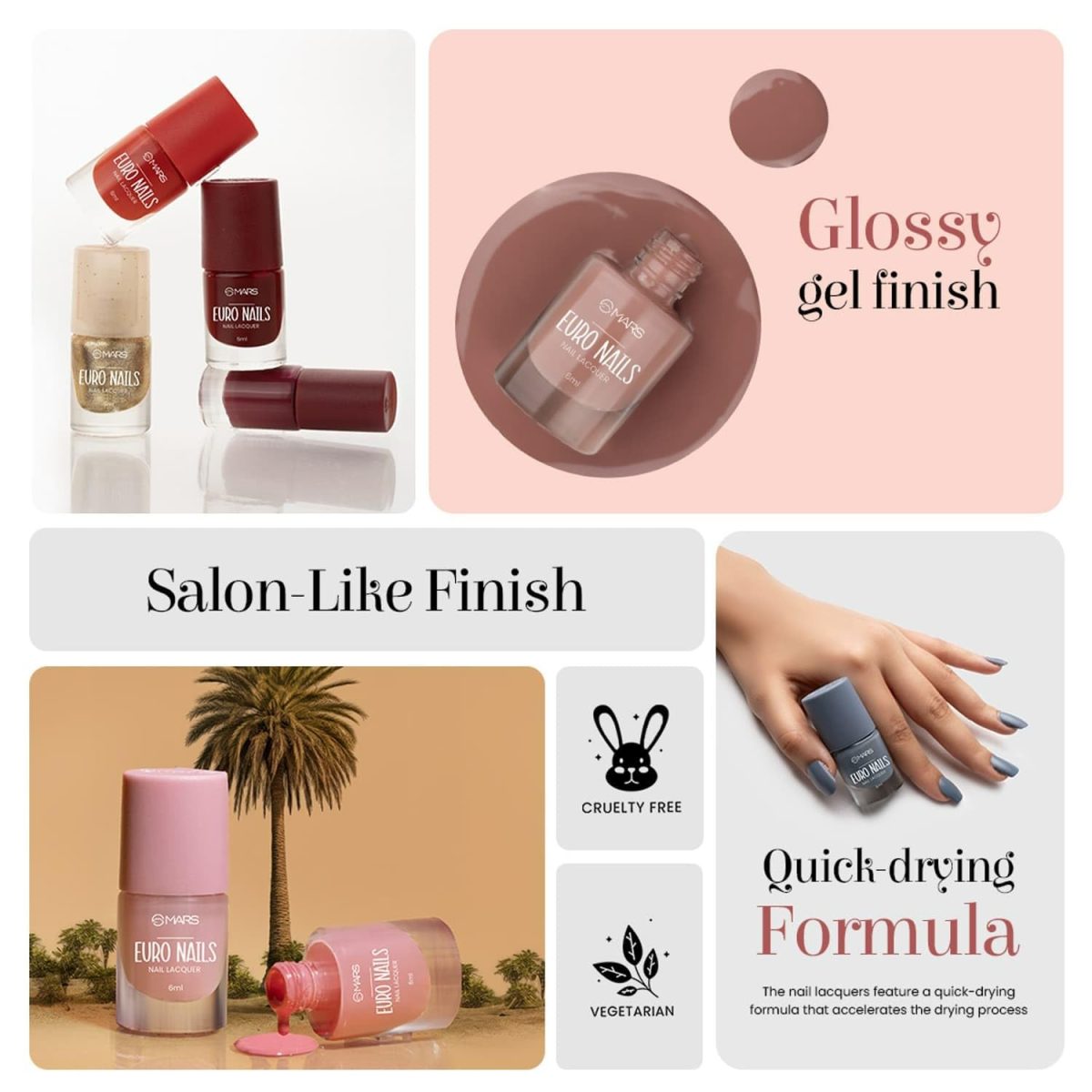 MARS EURO Nail Lacquer | Glossy Gel Finish | Rich Pigmentation | Chip Free | Quick Drying Formula | Long Lasting Nail Polish for Women (3 * 6.0 ml) (SET-04) - Image 4