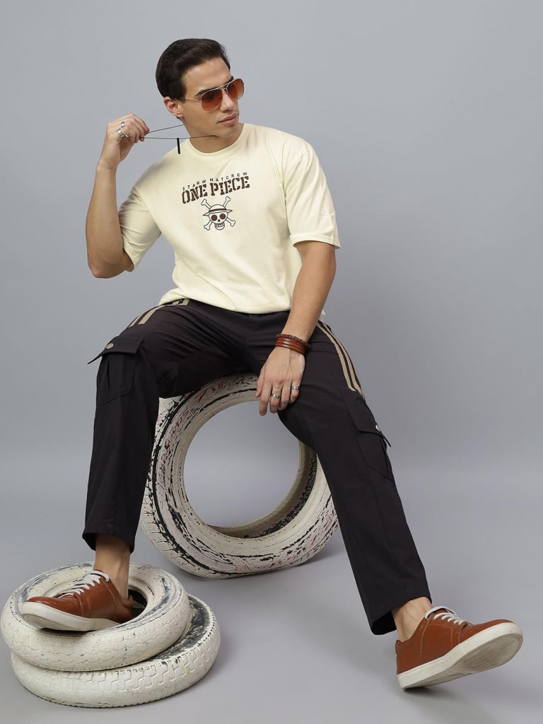 CrazyBee Mens Branded Oversized Anime Back Printed Off-White Half Sleeve Cotton T-Shirt for Mens ||Printing Tshirts for Men || Oversized t Shirts for Men|| ONE Piece