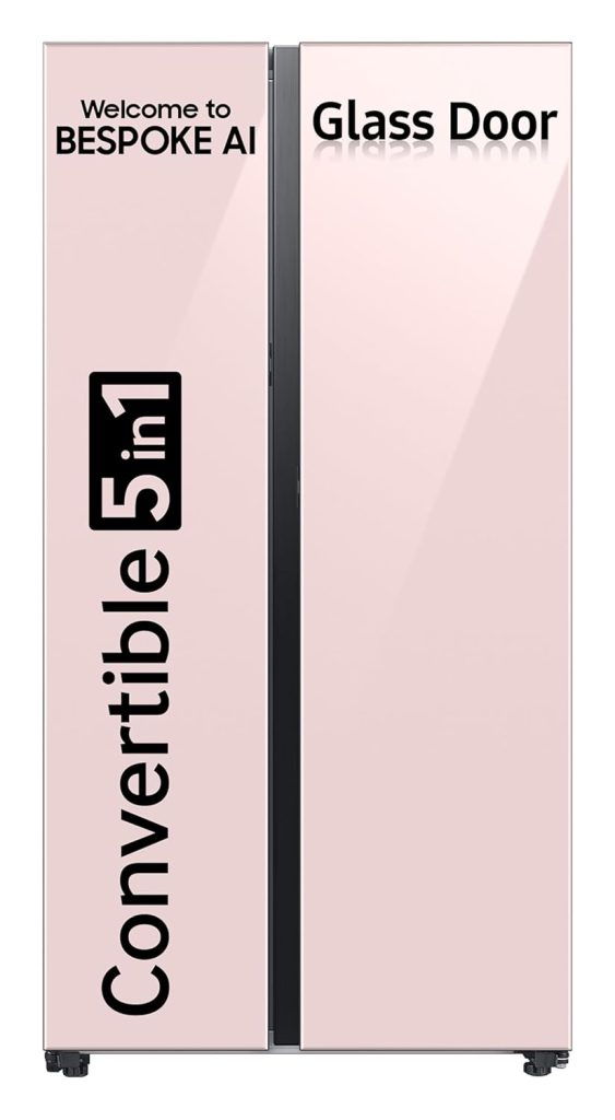 Samsung 653 L, 3 Star, Bespoke AI, Glass Door, Frost Free, Double Door, Convertible 5-in-1 Digital Inverter, Side By Side Smart Refrigerator with Auto Open Door (RS76CB81A3P0HL, Clean Pink)