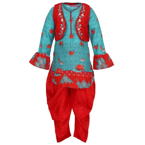 BIBA Girls Notched Neck Printed Kurta and Salwar Set with Jacket