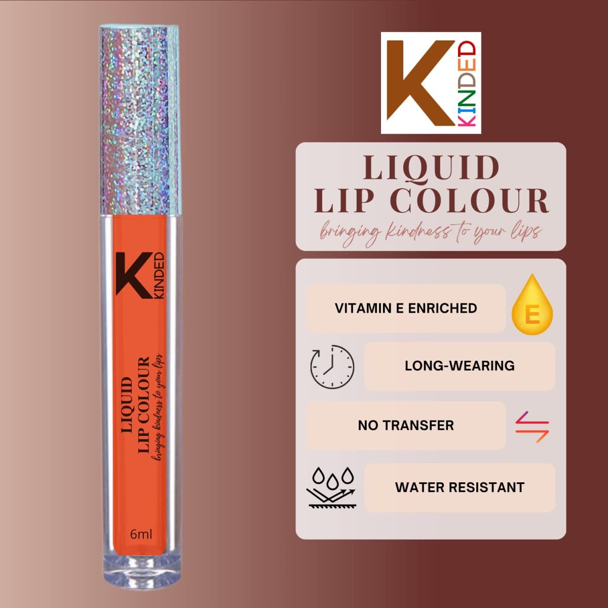 KINDED Liquid Lip Colour Vitamin E Enriched No Transfer Waterproof Resistant Smudge Proof Long Lasting Super Stay Glam Lipstick Lip Gloss for Girls Women (Matte Finish, Sangria Orange, 6 ml) - Image 4
