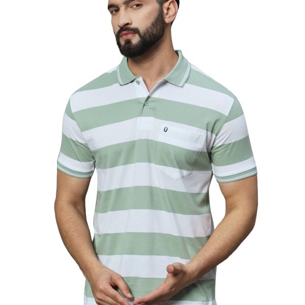 UNIBERRY Men's Cotton Blend Regular Fit Polo Collar Striper T Shirt Has A Short Sleeves & Pocket On Chest-MT3-LG_XXL Light Green