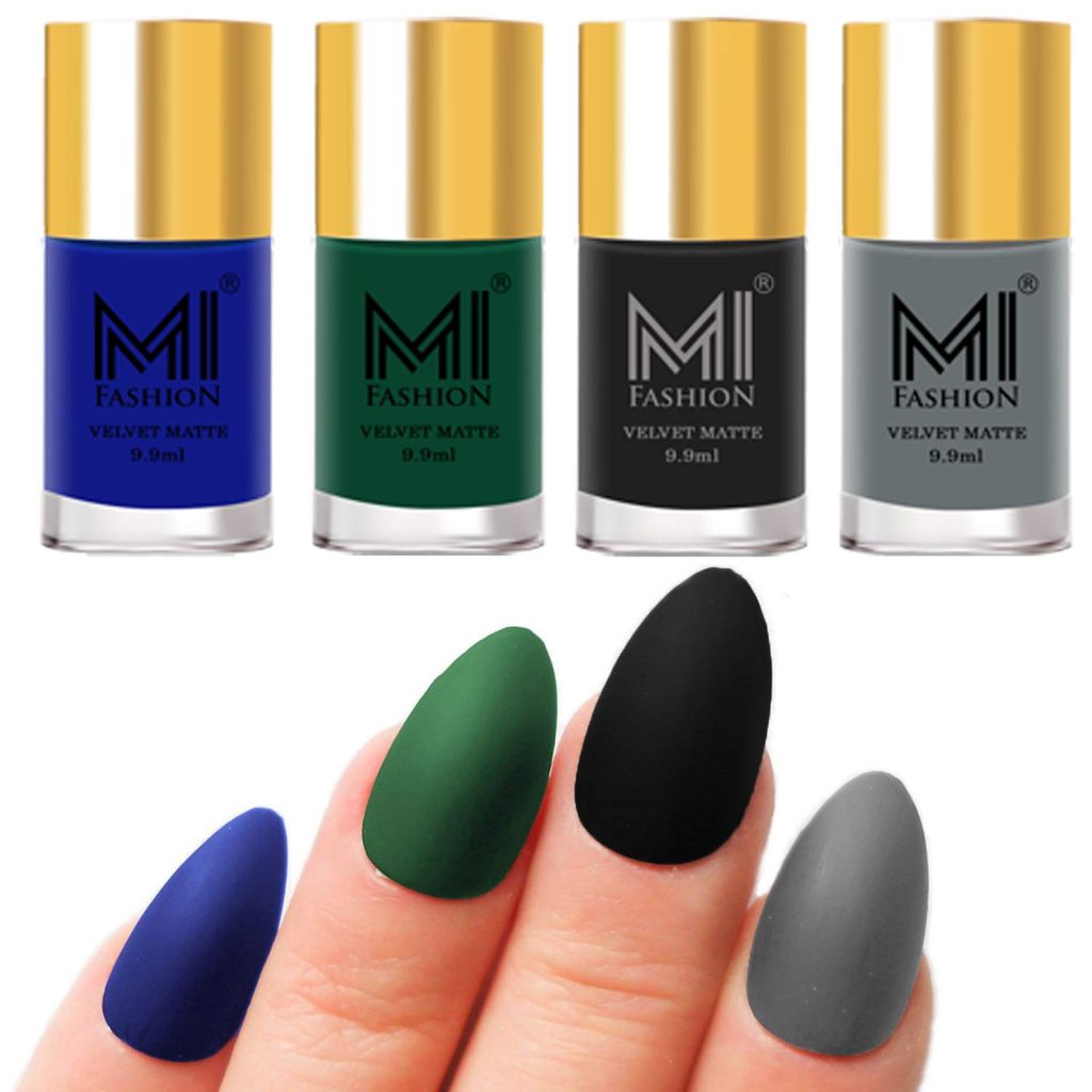 MI FASHION Smooth Matte Nail Polish Set of 4 Pcs Combo Multicolor 9.9ml each - Green, Grey, Blue, Black Nail Paints