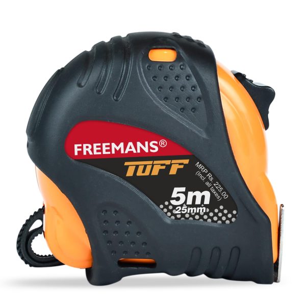FREEMANS TUFF 5m:25mm Steel Inchi Measuring Tape - 5m with a Non Slip Rubber Covered ABS case || Double Side Printing || Click Action Front Lock and Belt Clip