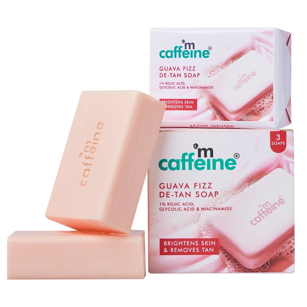 mCaffeine Brightening Tan Removal Soap - 1% Kojic Acid & Glutathione -Pack of 3x100g | Niacinamide, Glycolic Acid - Reduce Dark Spots | Tangy Guava Perfumed Bar | Moisturizing Bath Soap for Women, Men