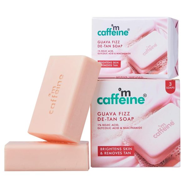 mCaffeine Brightening Tan Removal Soap - 1% Kojic Acid & Glutathione -Pack of 3x100g | Niacinamide, Glycolic Acid - Reduce Dark Spots | Tangy Guava Perfumed Bar | Moisturizing Bath Soap for Women, Men