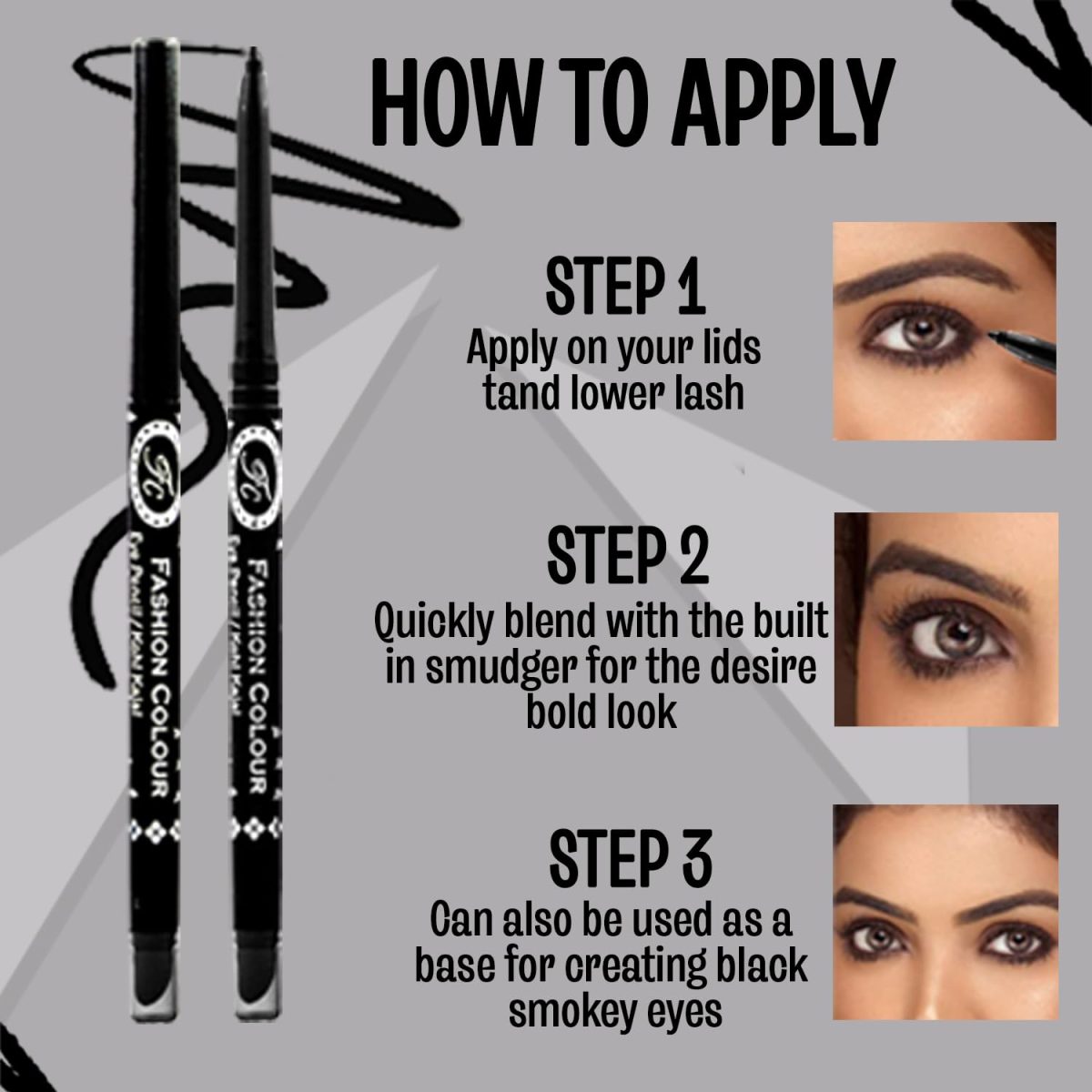 FASHION COLOUR Intense Black Kajal With Smudger | 12 Hr Long Stay | Waterproof & Smudgeproof | One Swipe Smooth Application | 3-In-1 Kajal+Eyeliner+Smokey Eyeshadow | Matte - Image 5