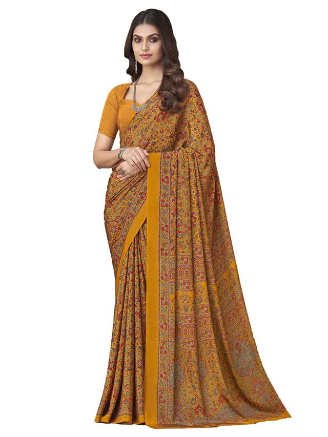 SIRIL Women's Floral Printed Silk Crepe Saree with Unstitched Blouse Piece