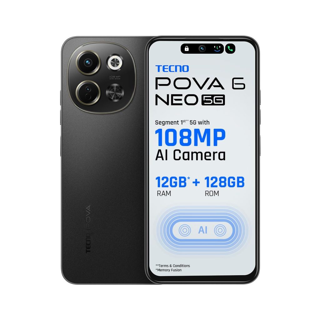 TECNO POVA 6 NEO 5G (Midnight Shadow, 6GB+128GB) | Advanced AI Features | 108MP Ultra Clear AI Camera | D6300 Powerful Processor | 5 Year Lag Free Fluency | 5000 mAh Battery | InBuilt Infrared and NFC