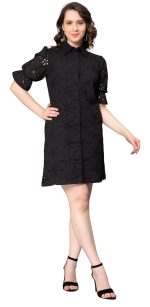 NUEVOSDAMAS Women Pure Cotton Self Design Schiffli Embroidered Shirt Dress