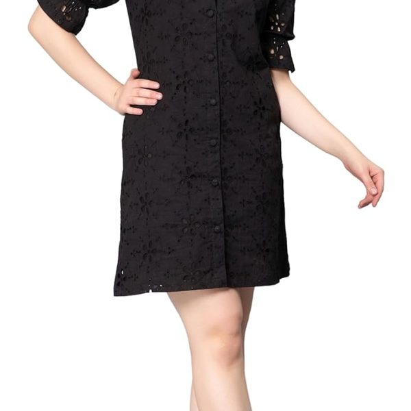 NUEVOSDAMAS Women Pure Cotton Self Design Schiffli Embroidered Shirt Dress