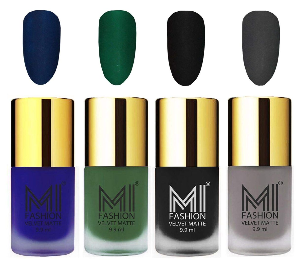 MI FASHION Smooth Matte Nail Polish Set of 4 Pcs Combo Multicolor 9.9ml each - Green, Grey, Blue, Black Nail Paints - Image 2