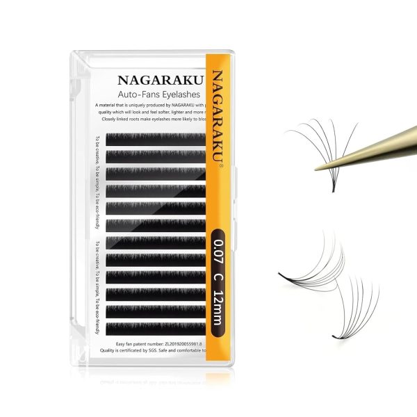 NAGARAKU Easy Fanning Auto Fans Eyelash Extension Self Handing Making Fast Bloom Flowering Pre-bonded Lashes Mega Volume 12 Row/Tray With Thickness 0.07mm Curl C (Length - 12mm)