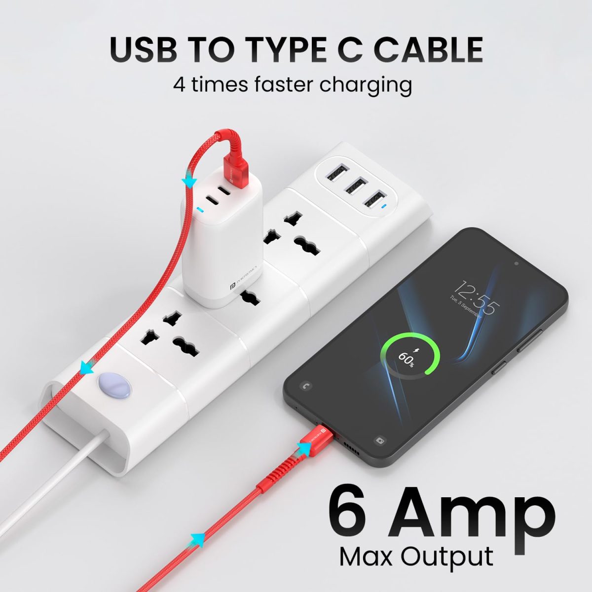 Portronics Konnect X Unbreakable Nylon Braided USB A to Type C Cable with 6Amp Output, Compatible with OnePlus, Oppo, iPhone 15, iPad & other Type C Smartphone & Devices, 1M Length (Red) - Image 5