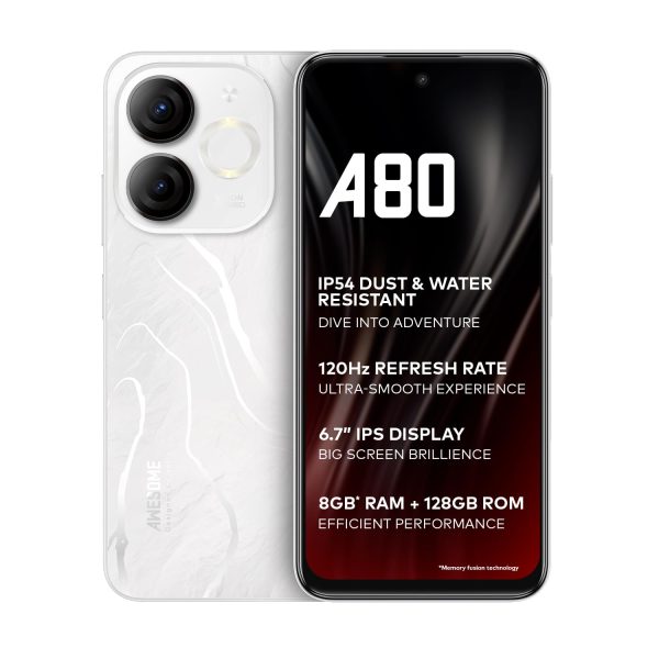itel A80 | 120Hz Refresh Rate|Punch Hole Display|50MP Super HDR Cam| IP54 Dust & Splash Resistant | 3 Year Fluency | Ring Light Notification | 8GB RAM, 128GB ROM | Glacier White