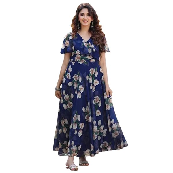 Fashion2wear Women's Georgette Casual Floral Digital Print Half Sleeve Knee Length Fit and Flare Long Maxi Gown Dress (Flower_Gown)