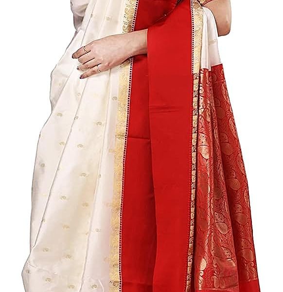 Traditional Bengali Gorod Sarees for Women Red and White Durga Puja Garad Silk Kanjivaram Goroder Lal Paar Sada Border Handloom Sari Latest Banarasi Soft lichi Handmade Zari Buti Sadi Blouse Piece