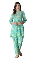 Stylum Women's Printed & Embroidered Cotton Short A-Line Kurti Co-Ord Set