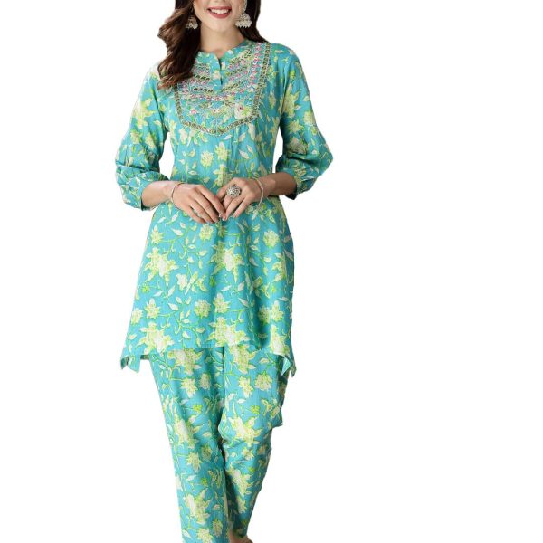 Stylum Women's Printed & Embroidered Cotton Short A-Line Kurti Co-Ord Set